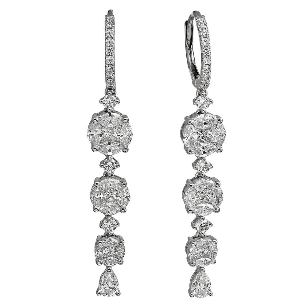 Jye’s International 18k White gold diamond dangle earrings MSRP $17,000 415.621.8881 jyescorp.com