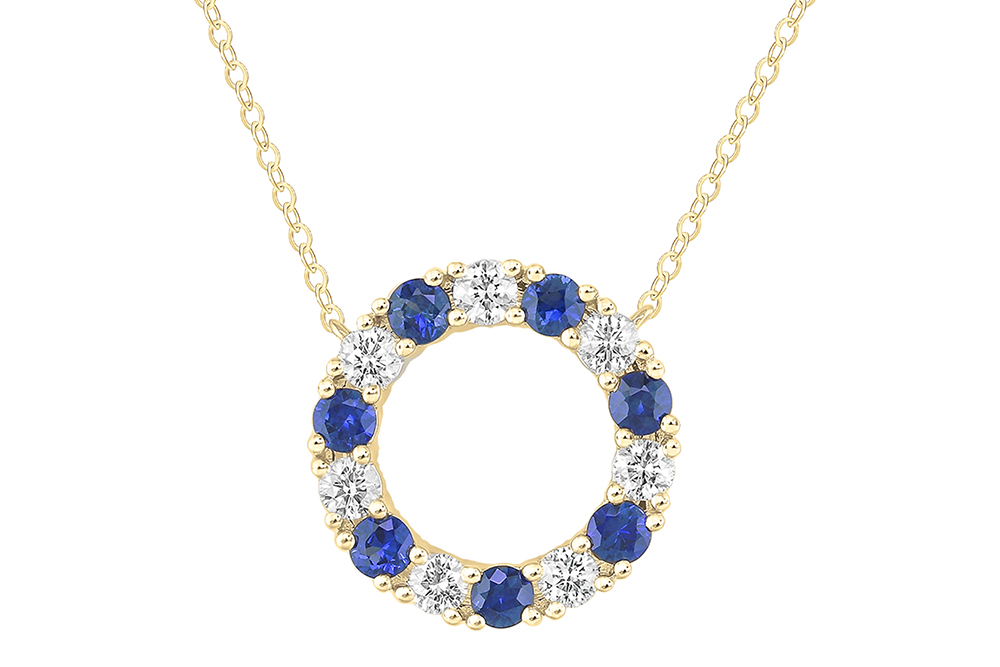 Legend Jewelry 14K Yellow gold circle diamond & sapphire necklace MSRP $1,395 866.607.3098 legendjewelryinc.com