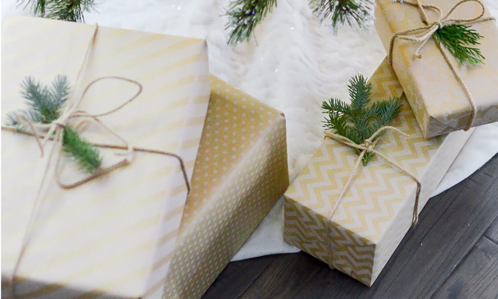 gold and white wrapped Christmas gifts