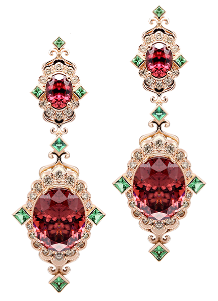 Dallas Prince Designs 14k RG Rose Zircon, Tsavorite & Diamond Cathedral Earring  MSRP $15,500 dallasprincedesigns.com