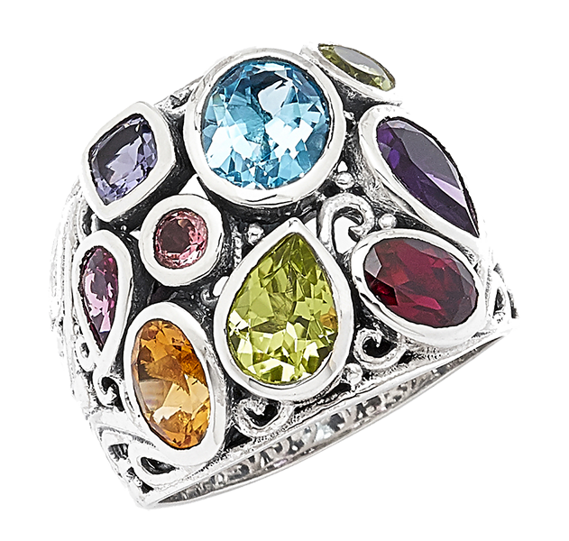 Samuel B Sterling multi-gemstone Bali design “Amanzi Ring”  MSRP $329 wholesale 516.466.1826 samuelb.com