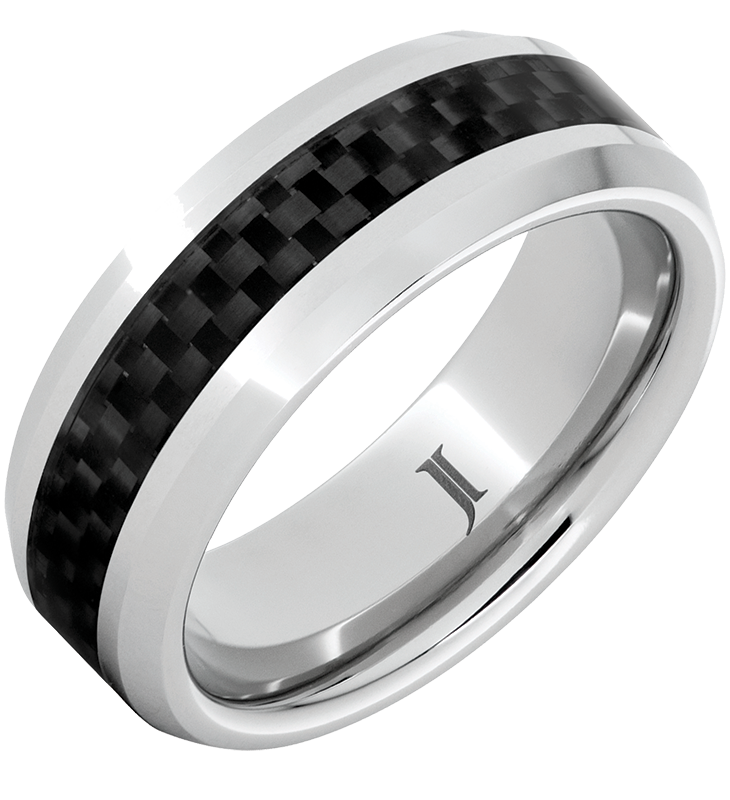 Jewelry Innovations Serinium beveled band with black carbon fiber inlay MSRP $426 800.872.6840 Jewelryinnovations.com