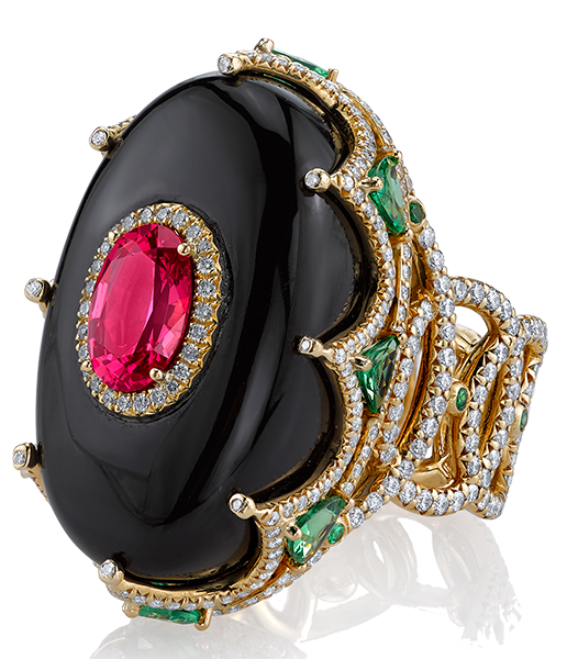 Erica Courtney Royal ring with black jade tsavorite diamonds & spinal  MSRP $48,000 310.597.3887 ericacourtney.com