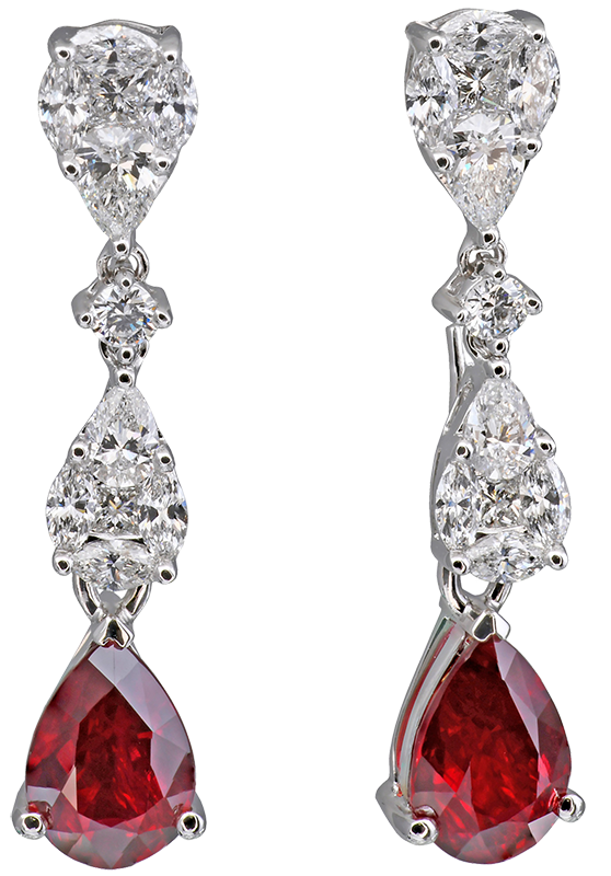 Jyes International 18k white gold, ruby and diamond teardrop dangle earrings MSRP $32,500 415.621.8880 jyescorp.com