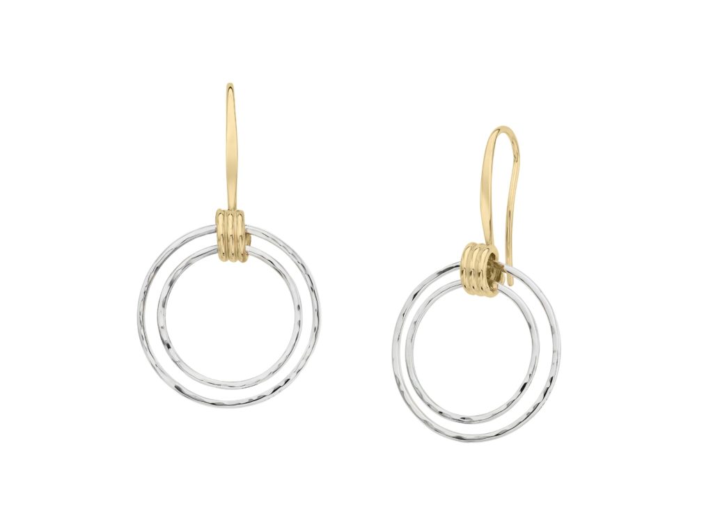 E.L. Designs Hand-hammered sterling silver with 14k coil accent and earwire, 1 1/2 diameter MSRP $695 eldesigns.com 800.828.1122