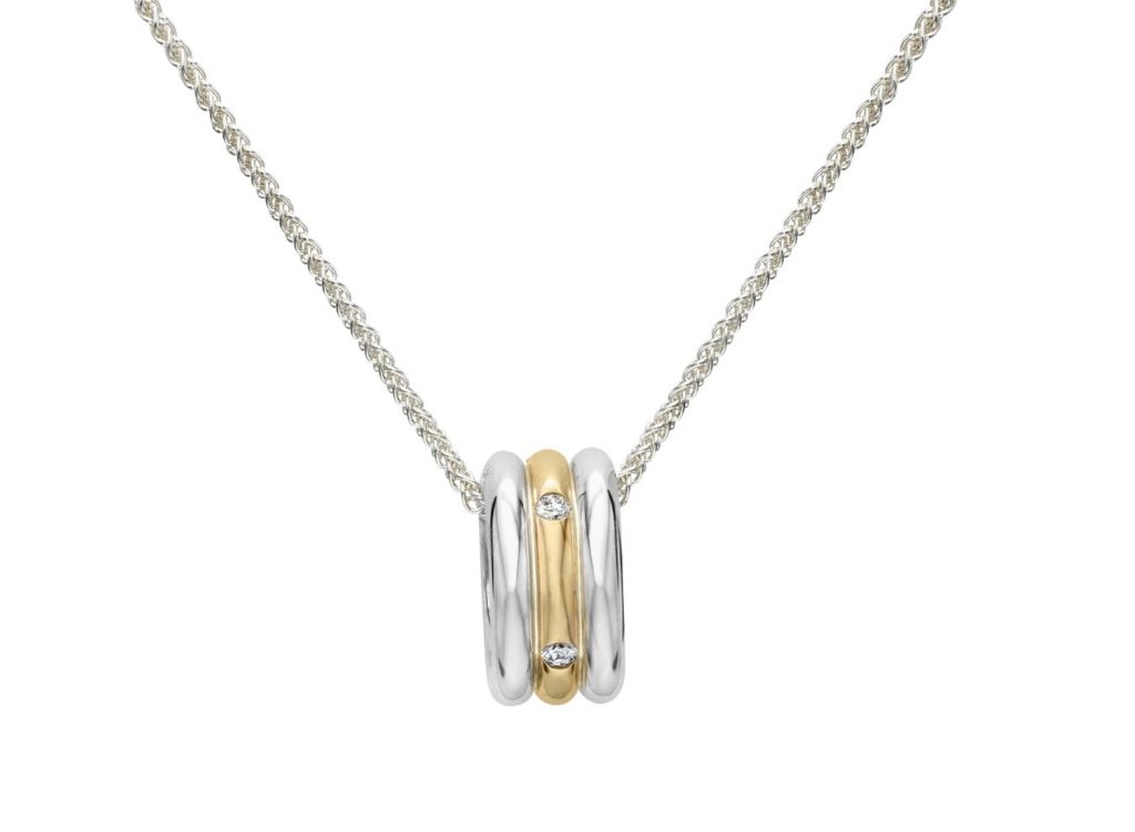 E.L. Designs Sterling silver with 14k center ring. 5 diamonds (0.10tcw, H, Sl1) 1.3mm wheat chain MSRP $1072 http://eldesigns.com 800.828.1122